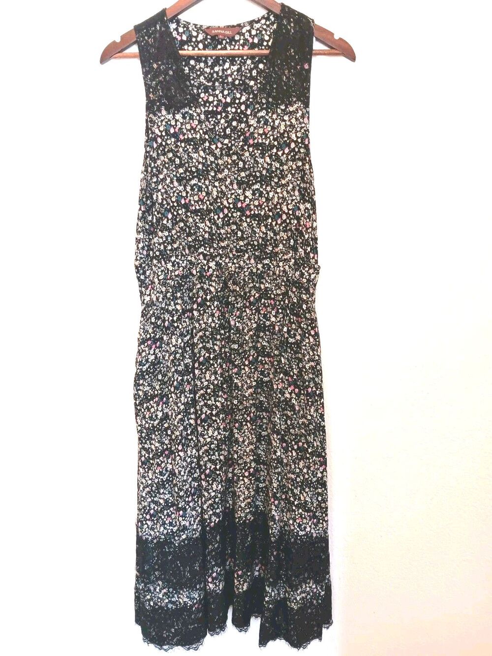 Ranna Gill Anthropologie L Black Ditsy Floral Maxi Dress  Sleeveless Rayon Lace